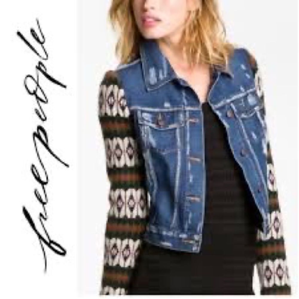 Free People Cyprus Aztec Print Sleeve Jean Jacket Sz XS